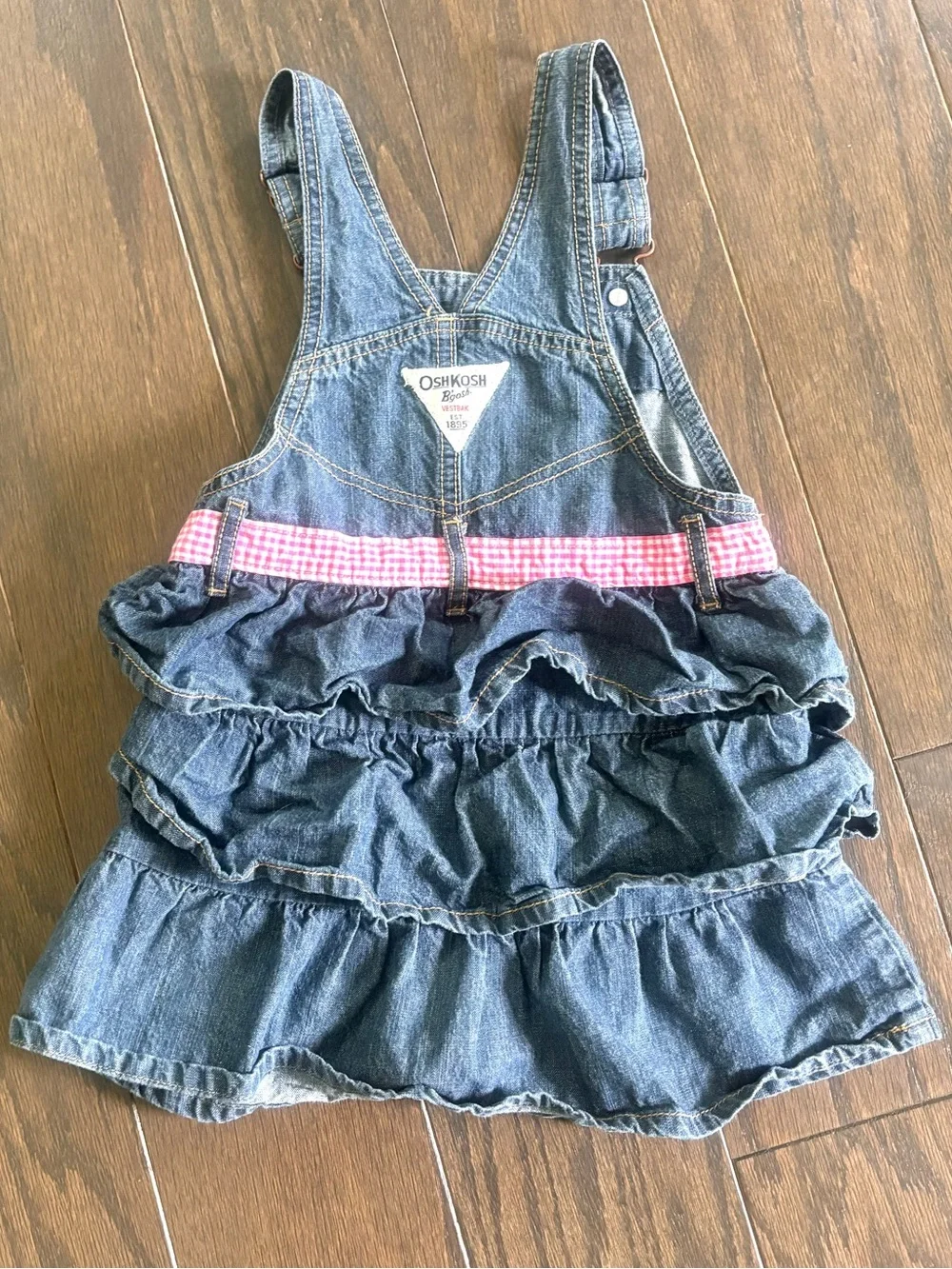 Osh Kosh B’Gosh Denim W/ Pink Gingham Bib Overall Jumper Dress Ruffle Tier- 4T